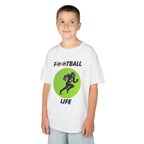 Young boy wearing a youth Gildan 5000B heavy cotton t-shirt in white with a Football Life text and graphic