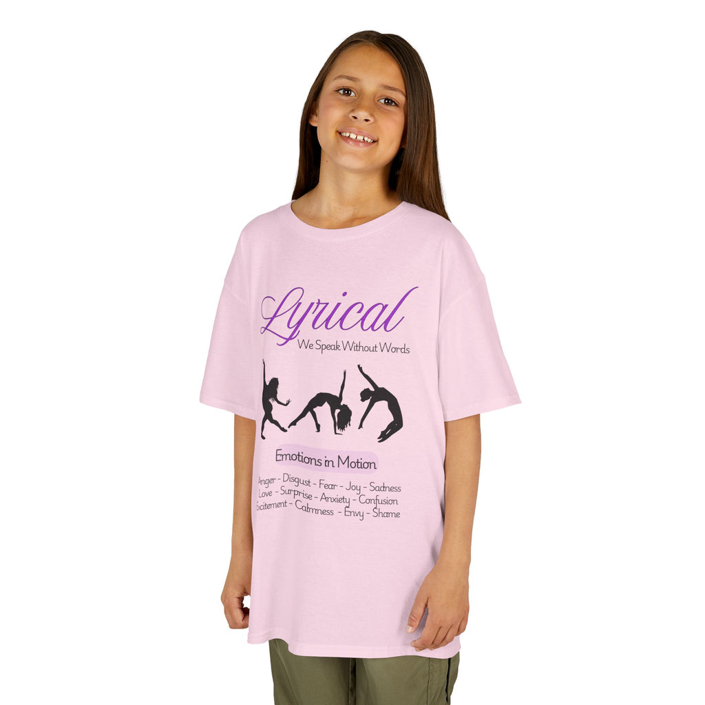 Young girl wearing a youth Gildan 5000B heavy cotton t-shirt in light pink with a Lyrical Dance graphic and text