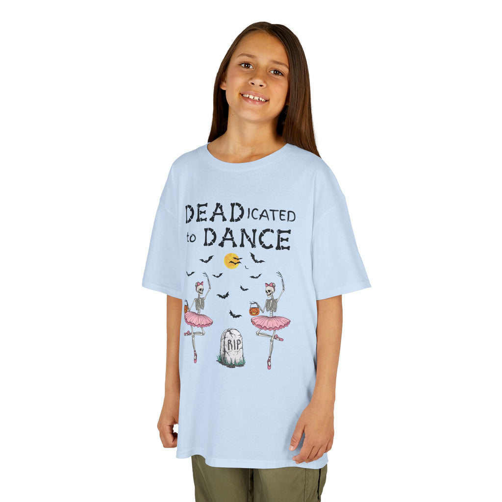 Young girl wearing a youth Gildan 5000B heavy cotton t-shirt in light blue with a Deadicated to Dance Halloween theme