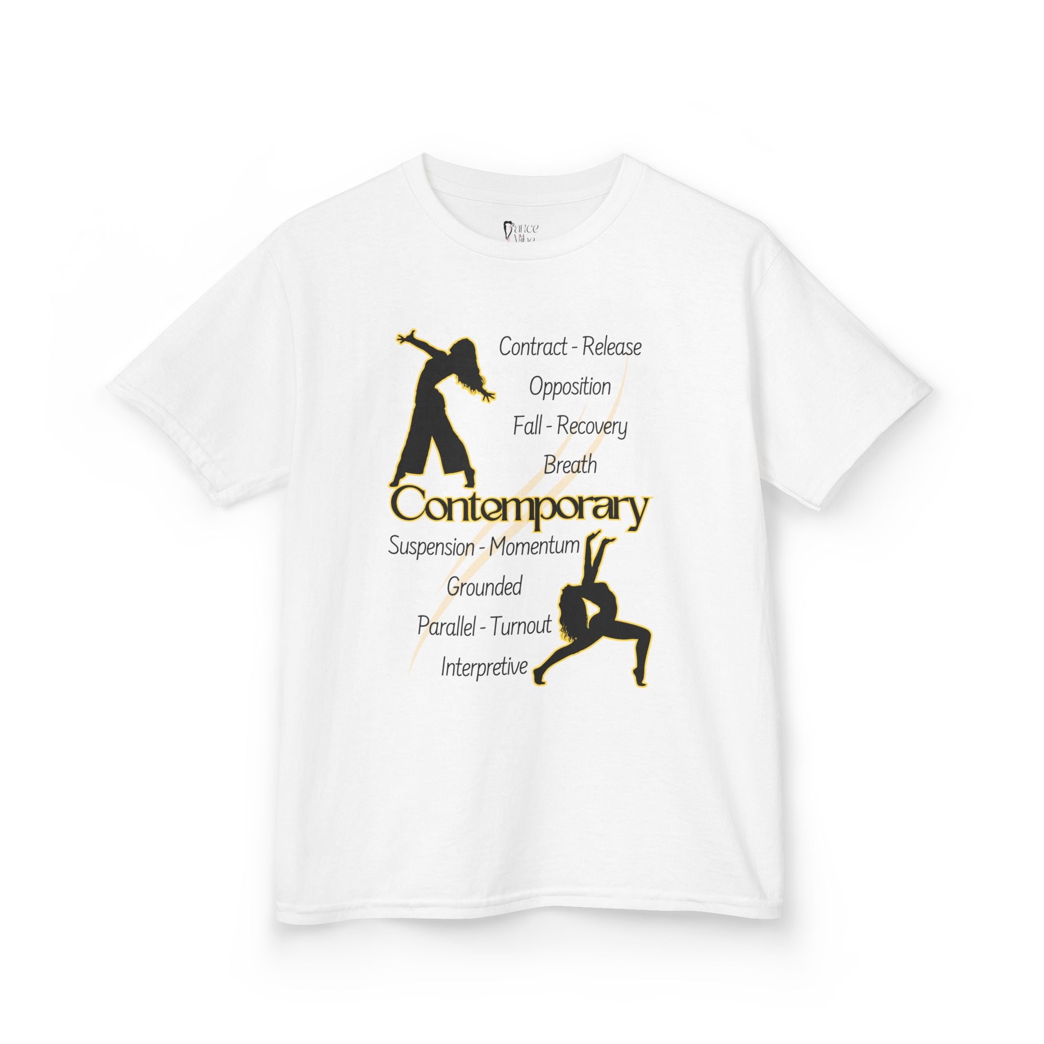 Front view of a youth Gildan 5000B heavy cotton t-shirt in white featuring Contemporary Dancers with text