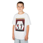 Young boy wearing a youth Gildan 5000B heavy cotton t-shirt in white with a Broadway text and graphic