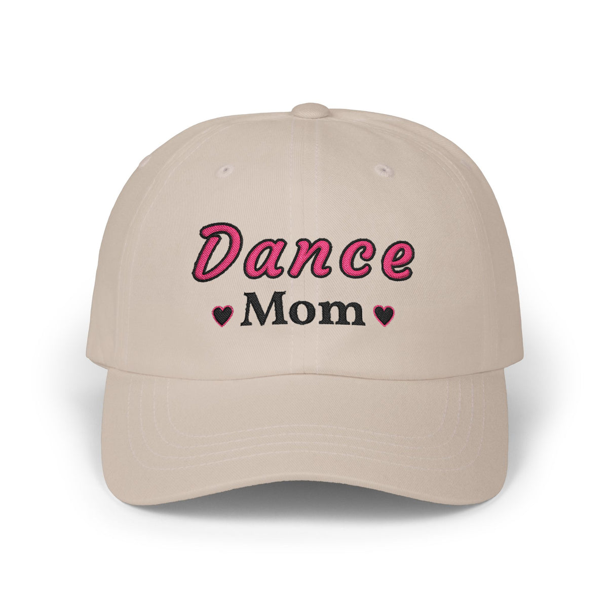 A stone baseball cap featuring the embroidered text Dance Mom on the front. 
