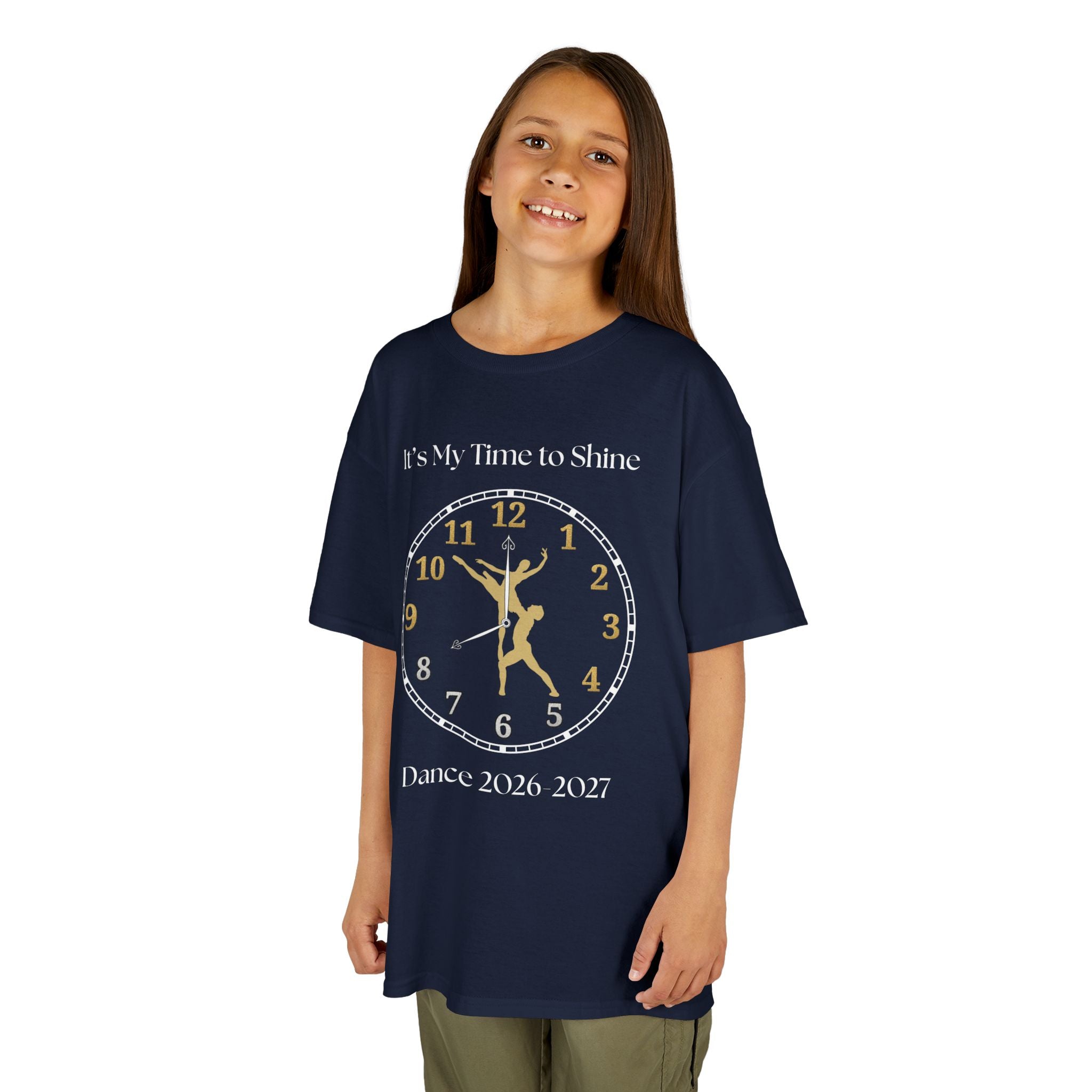 Young girl wearing a youth Gildan 5000B heavy cotton t-shirt in navy with a Ballet Couple 2026-2027 design
