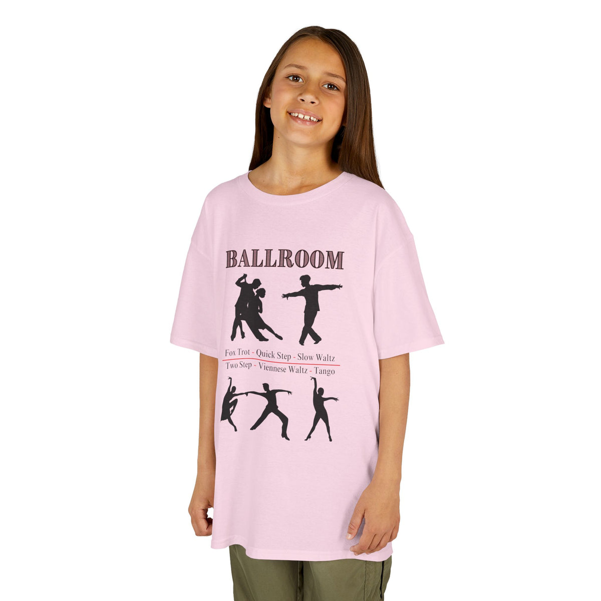 Young girl wearing a youth Gildan 5000B heavy cotton t-shirt in light pink with a Ballroom Dance Style theme