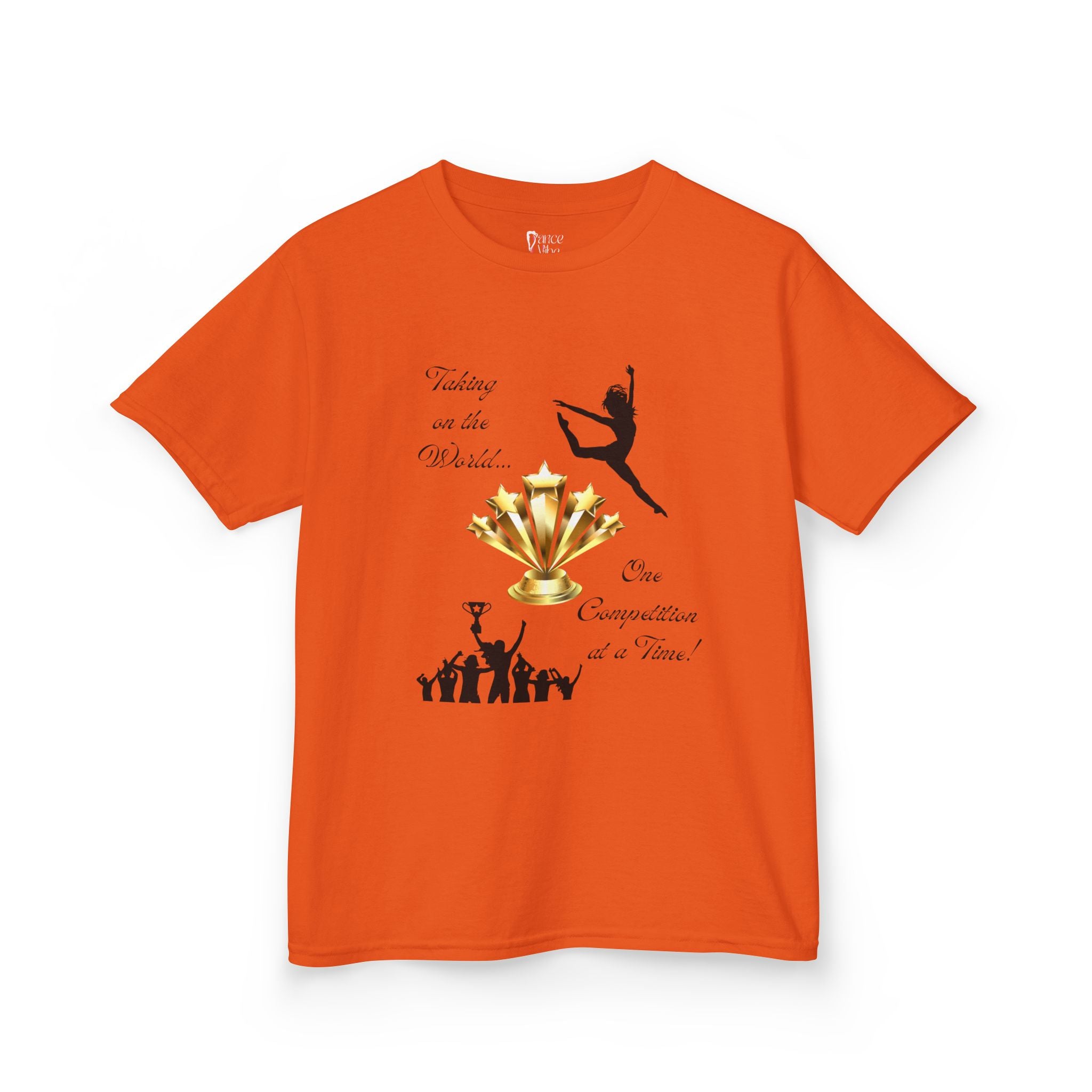 Front view of a youth Gildan 5000B heavy cotton t-shirt in orange with a Dance Competition theme