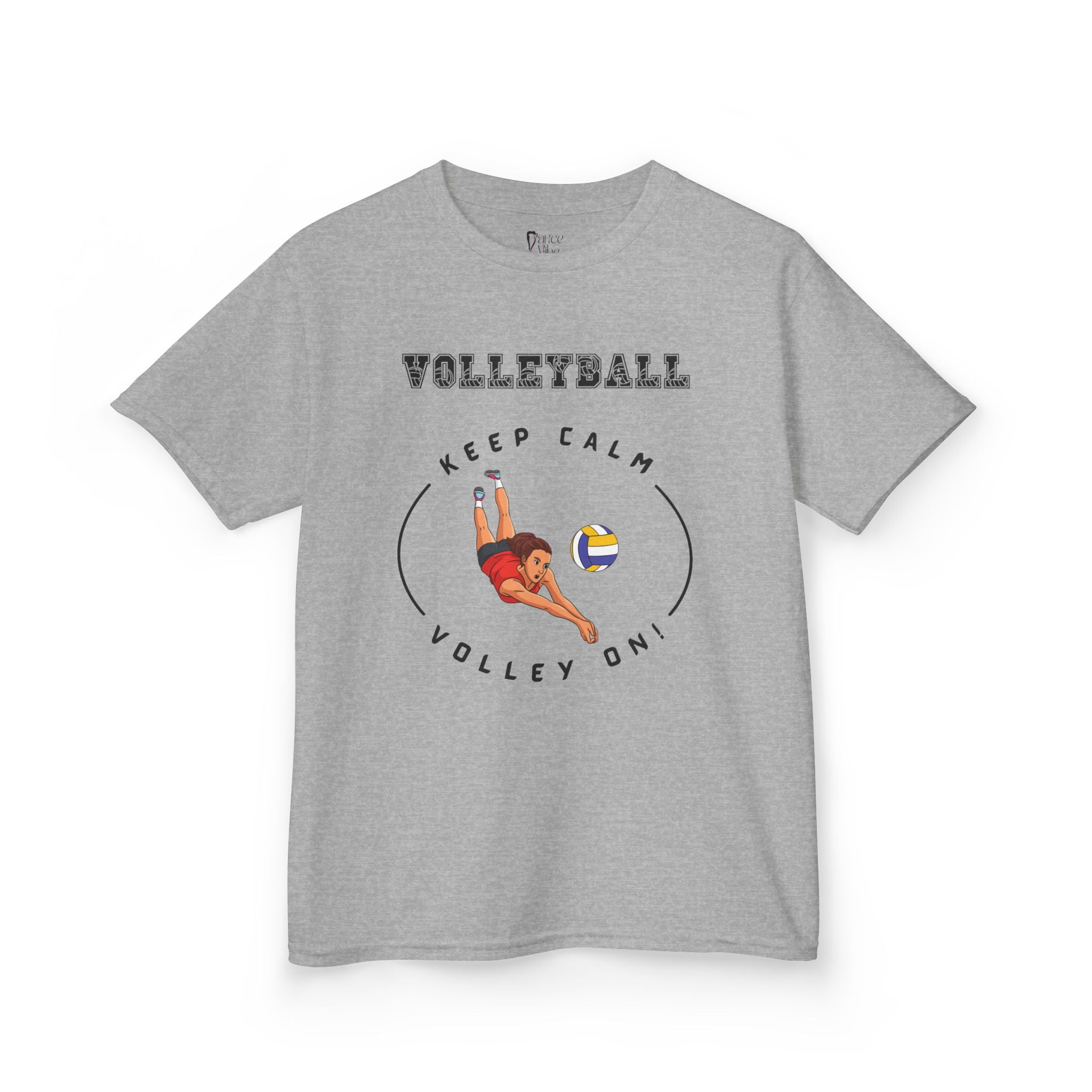 Front view of a youth Gildan 5000B heavy cotton t-shirt in sport grey showing a girl playing Volleyball