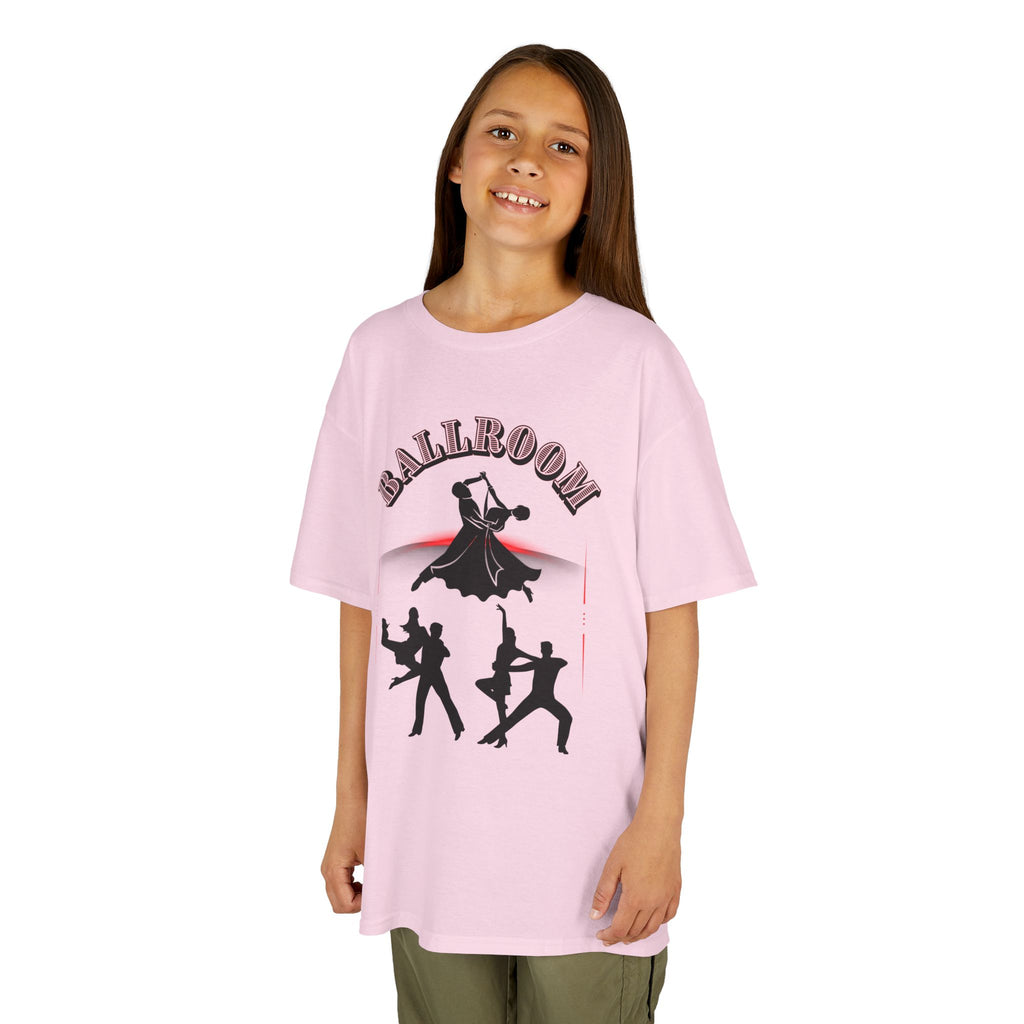 Young girl wearing a youth Gildan 5000B heavy cotton t-shirt in light pink with a Ballroom Dance Couples theme