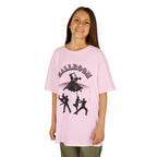 Young girl wearing a youth Gildan 5000B heavy cotton t-shirt in light pink with a Ballroom Dance Couples theme