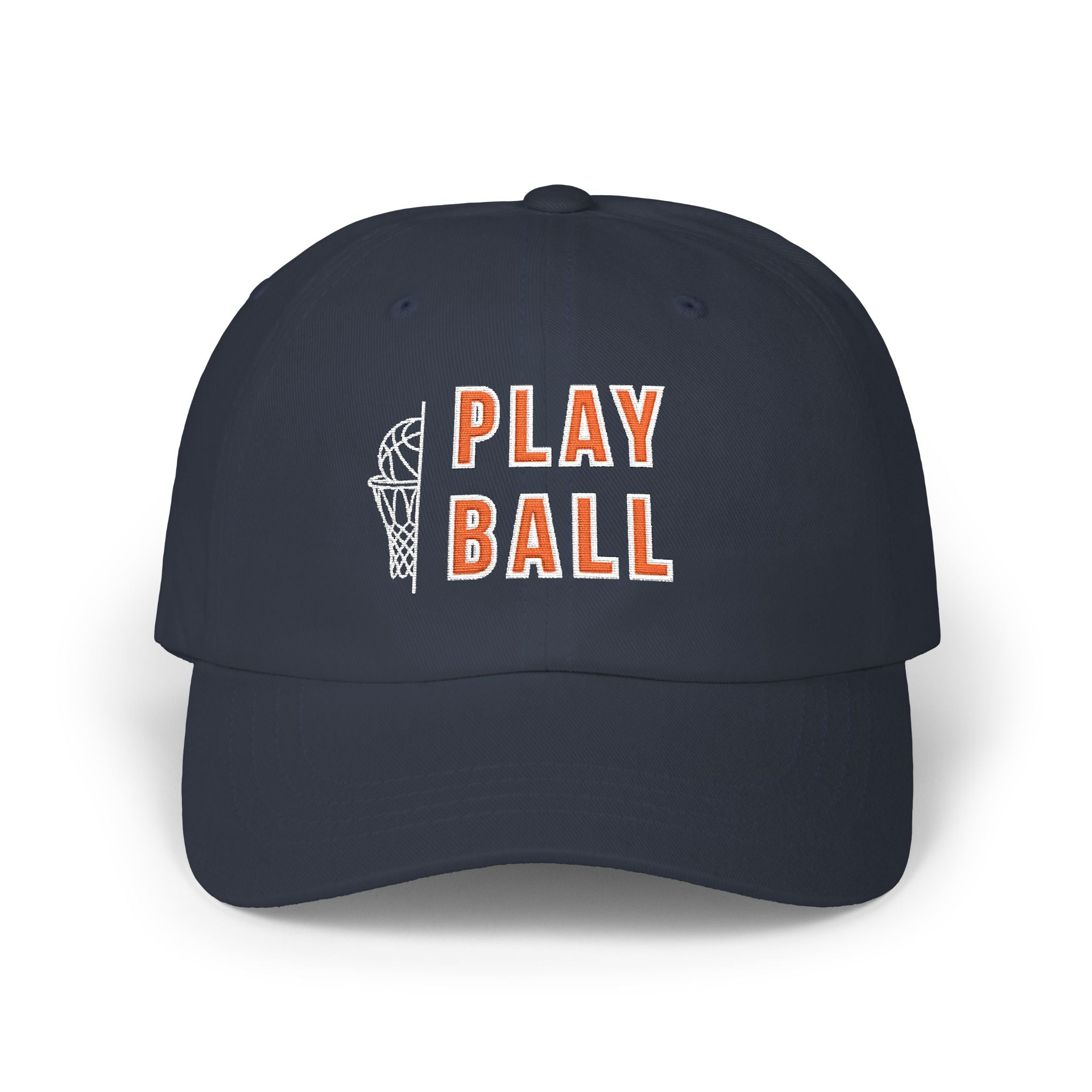 Navy classic cap featuring an embroidered Play Ball text with basketball graphic.