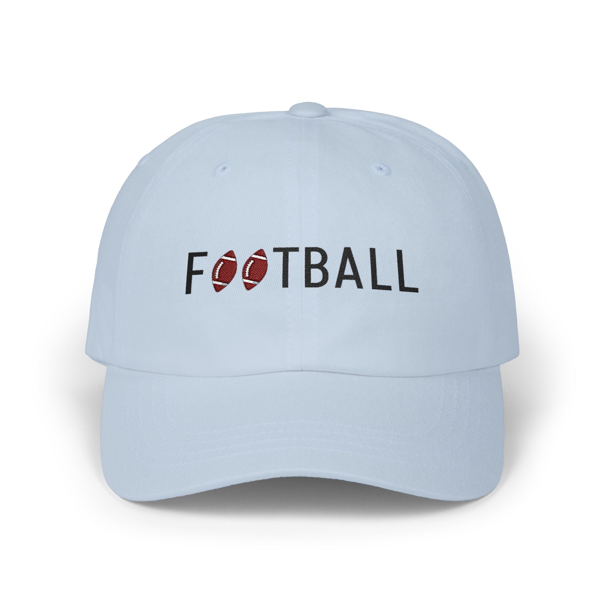 Light blue embroidered classic dad cap hat with Football text and graphic Front view