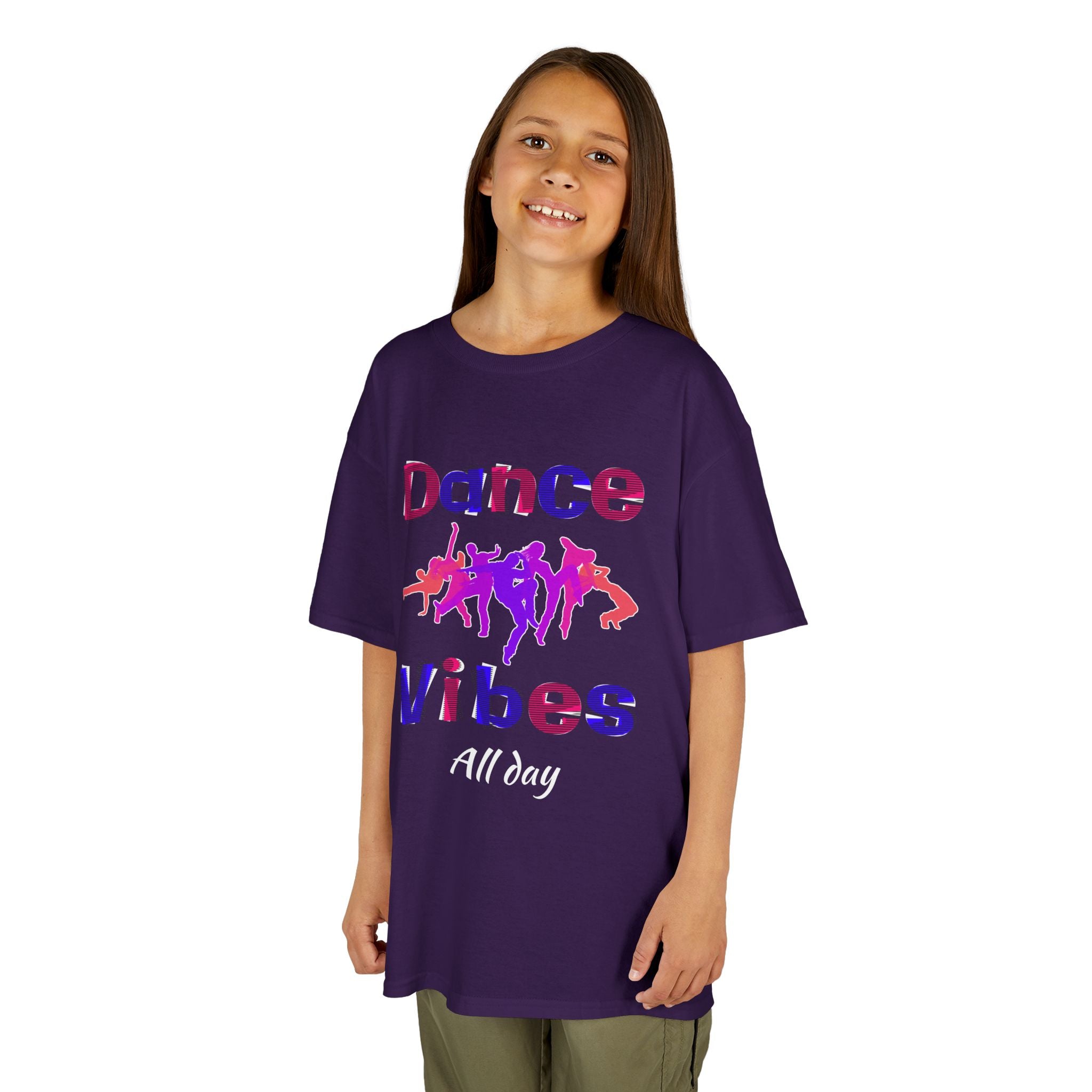 Young girl wearing a youth Gildan 5000B heavy cotton t-shirt in purple with a Dance Vibes All Day text and graphic
