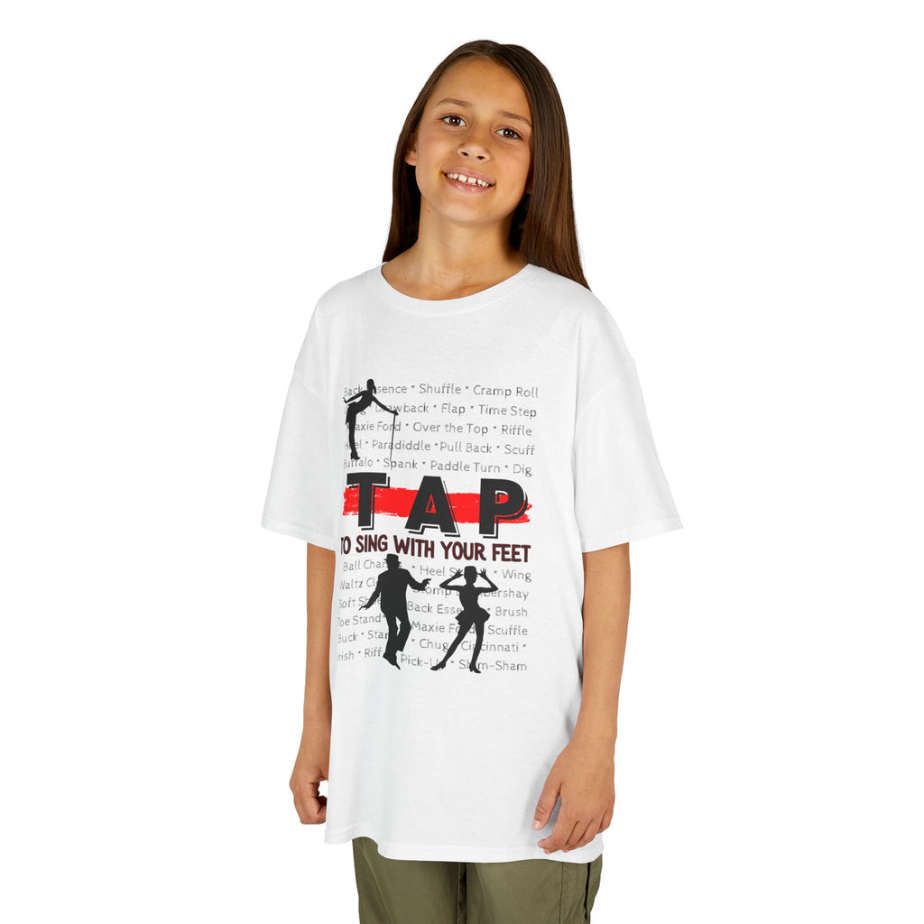 Young girl wearing a youth Gildan 5000B heavy cotton t-shirt in white with a Tap text and design