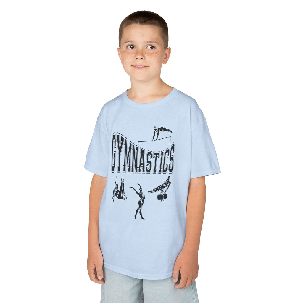 Young boy wearing a youth Gildan 5000B heavy cotton t-shirt in light blue with a gymnastics text and graphic