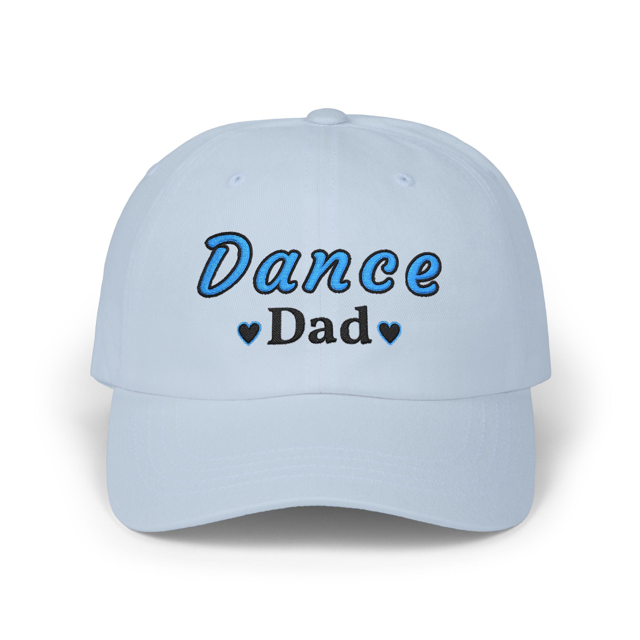 A light blue baseball cap with Dance Dad embroidered on the front.