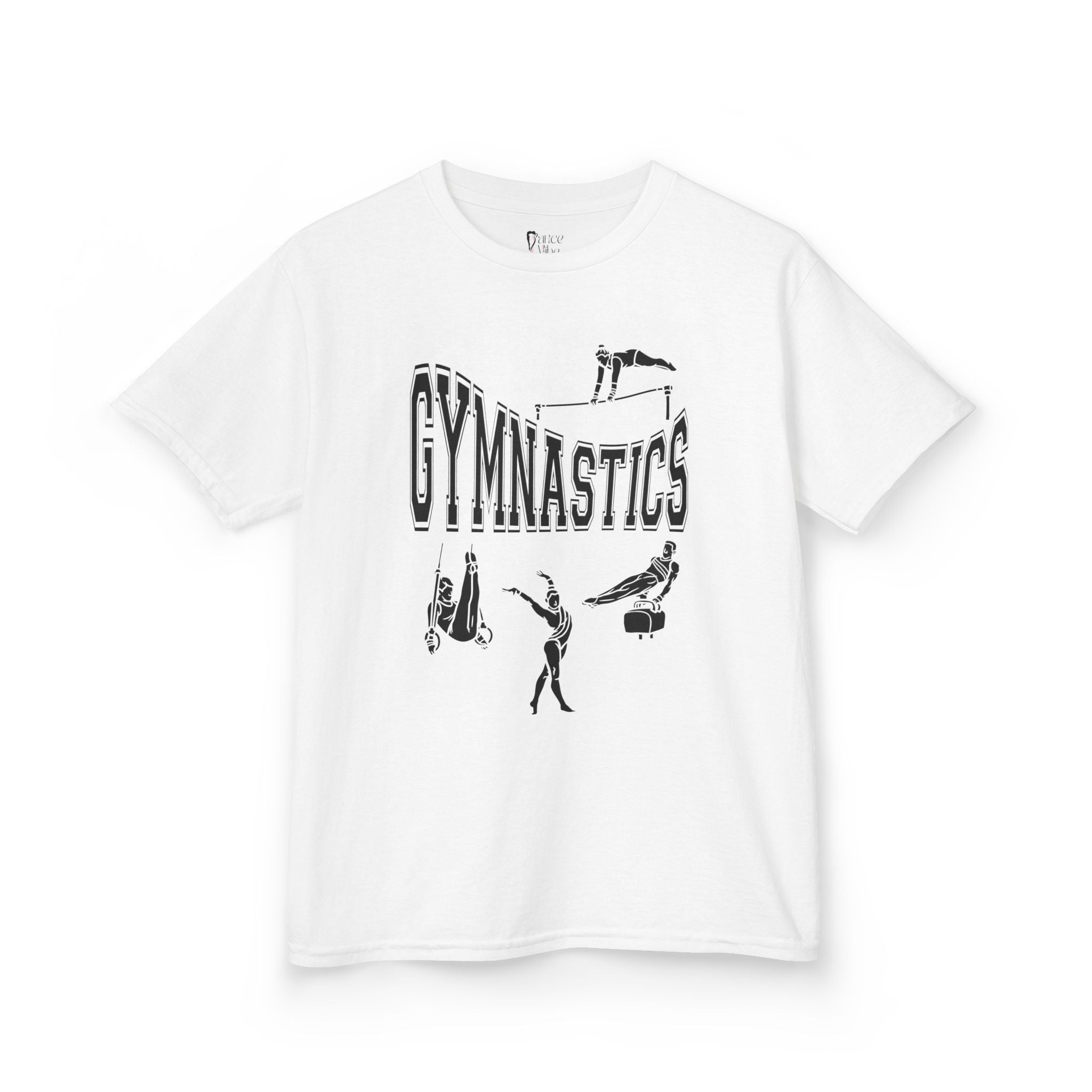 Front view of a youth Gildan 5000B heavy cotton t-shirt in white with a gymnastics text and graphic