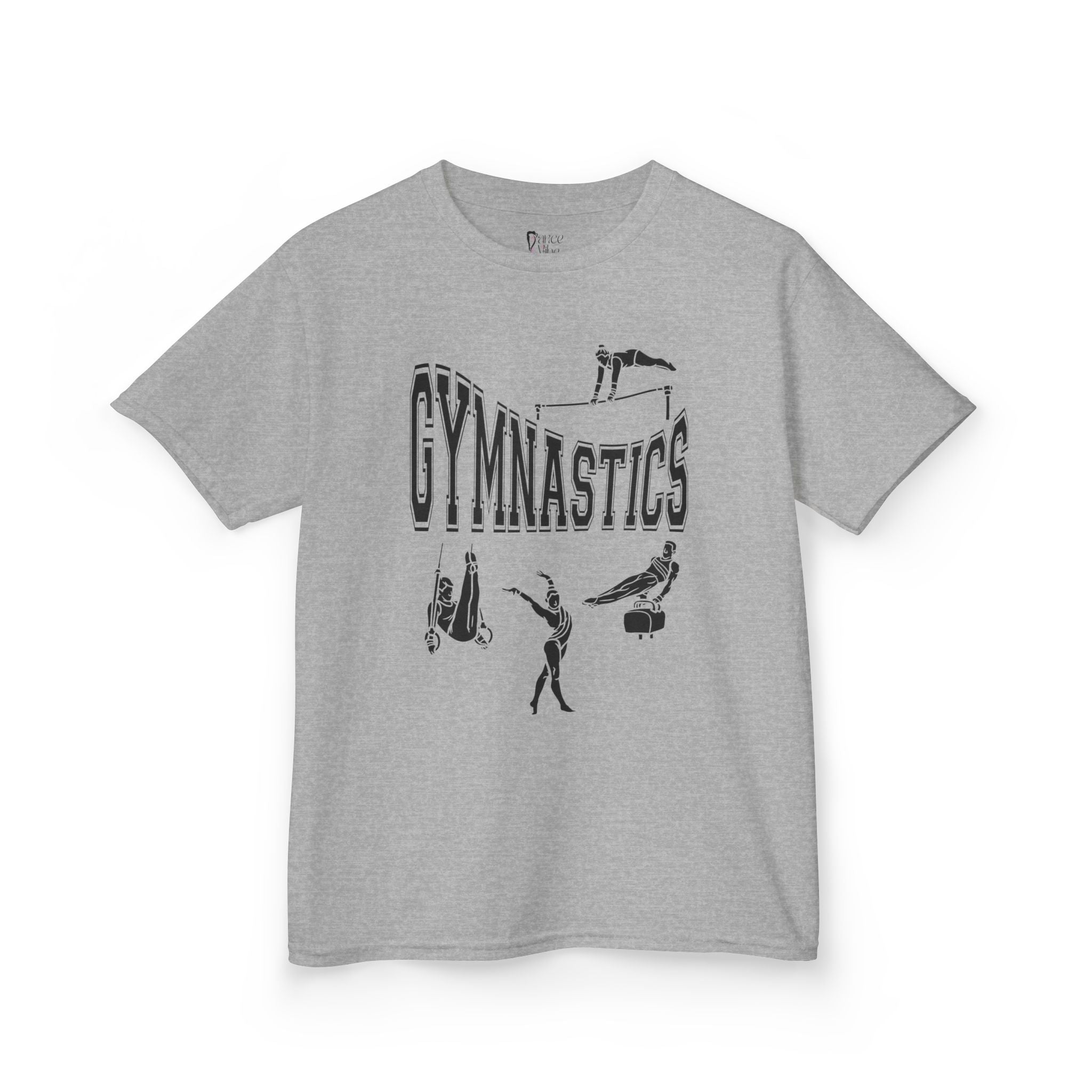 Front view of a youth Gildan 5000B heavy cotton t-shirt in sport grey with a gymnastics text and graphic