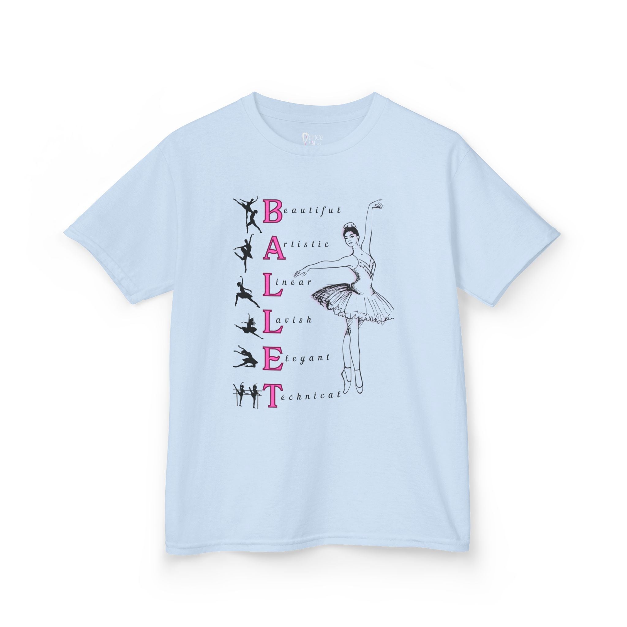 Front view of a youth Gildan 5000B heavy cotton t-shirt in light blue with a Ballet Pointe theme
