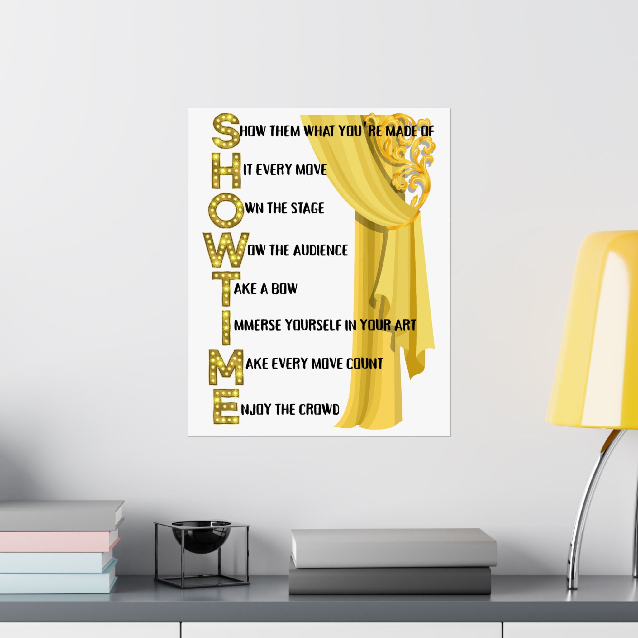 Showtime wall art poster featuring a gold curtain with Showtime text on a bedroom wall Size 16x20