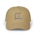 Khaki embroidered classic dad cap hat with a Hockey text and graphic Front view
