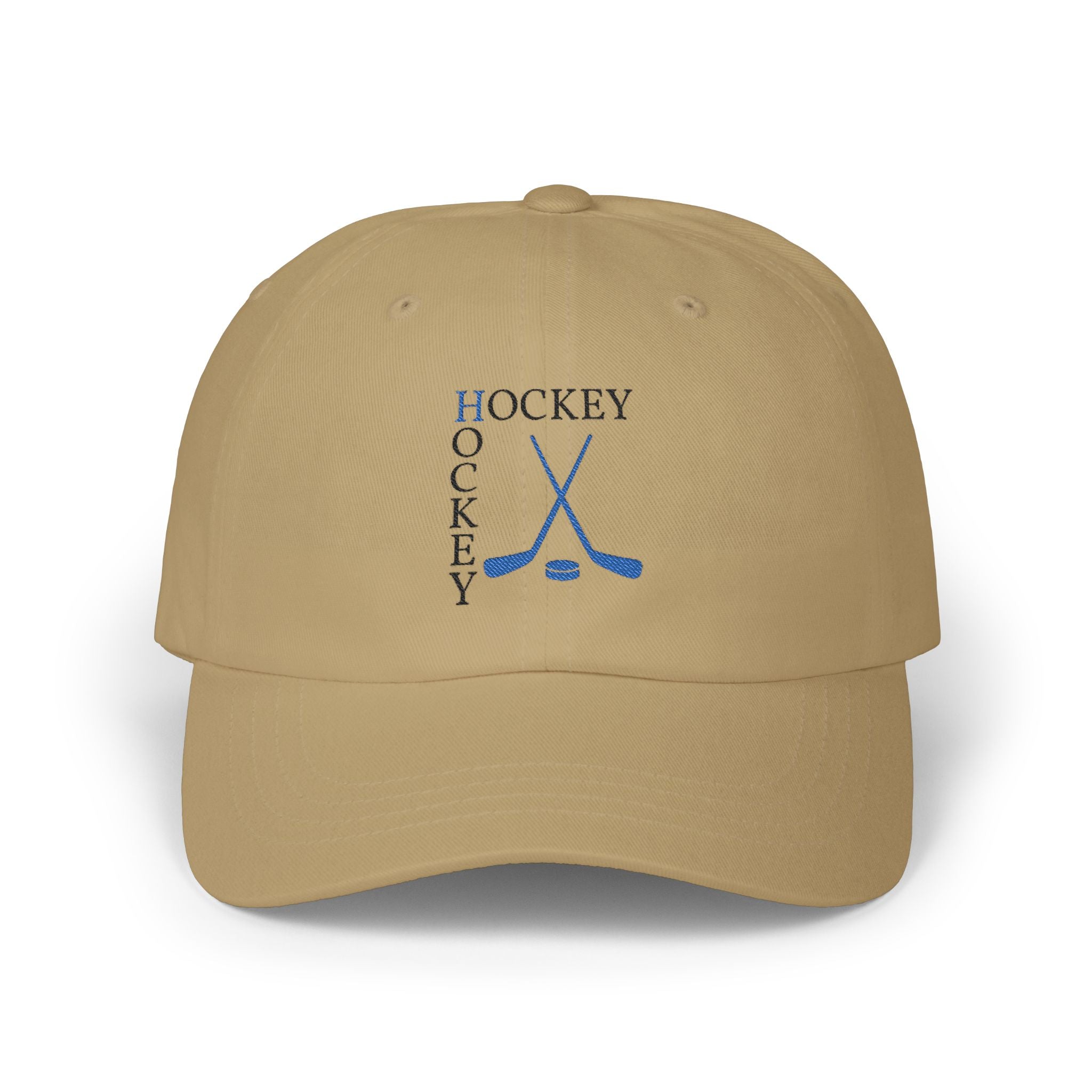 Khaki embroidered classic dad cap hat with a Hockey text and graphic Front view