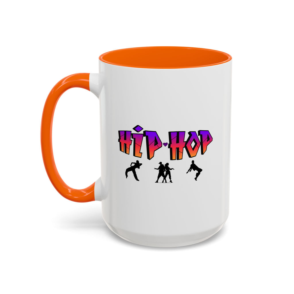 15oz white ceramic Hip Hop Dance mug with orange handle and interior Left handed view
