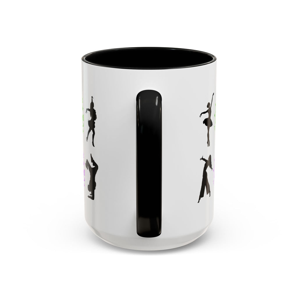 15oz white ceramic Love to Dance mug with black handle and interior Handle view