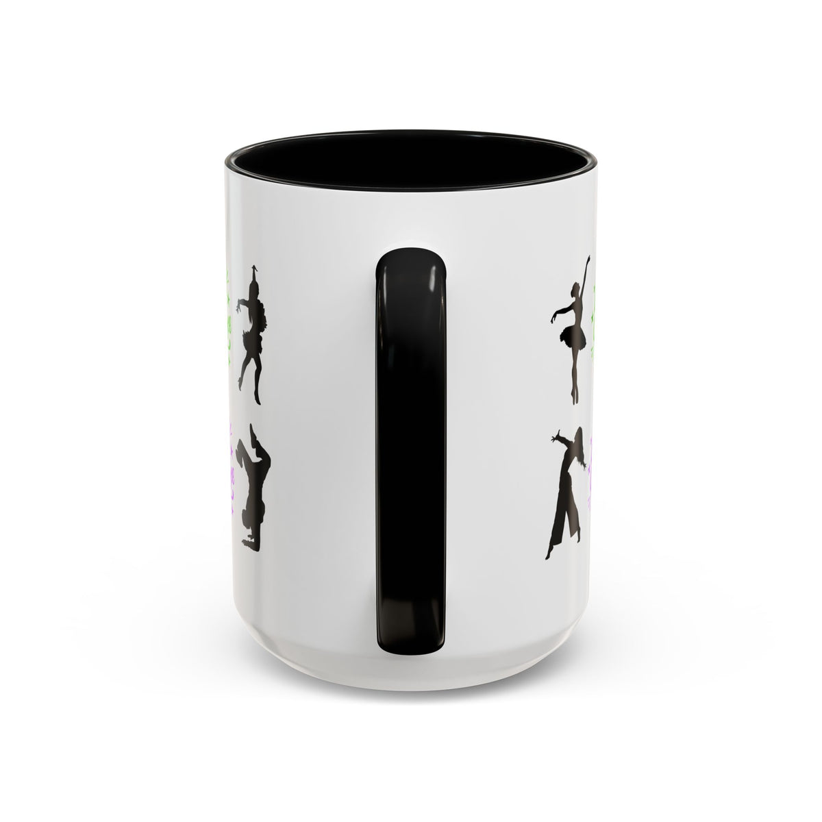 15oz white ceramic Love to Dance mug with black handle and interior Handle view