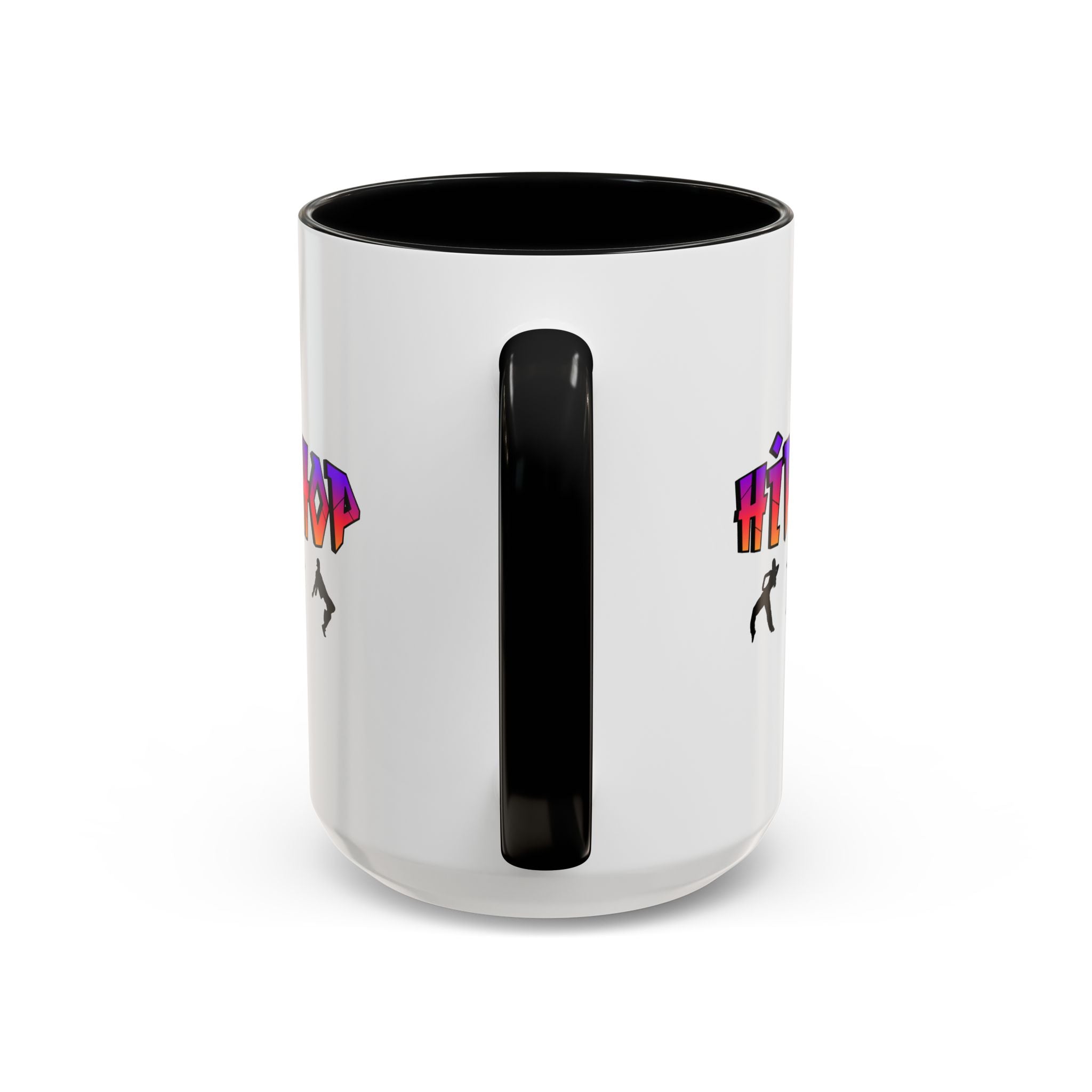 15oz white ceramic Hip Hop Dance mug with black handle and interior Handle view