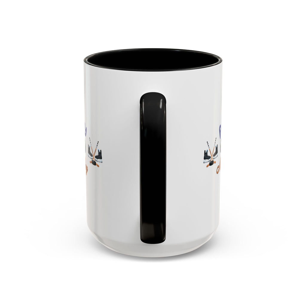 15oz white ceramic Ice Hockey Play All Day mug with black handle and interior Handle view
