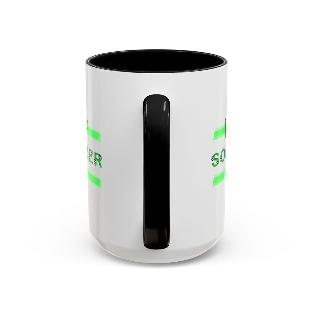 15oz white ceramic I Love Soccer mug with black handle and interior Handle view