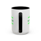 15oz white ceramic I Love Soccer mug with black handle and interior Handle view