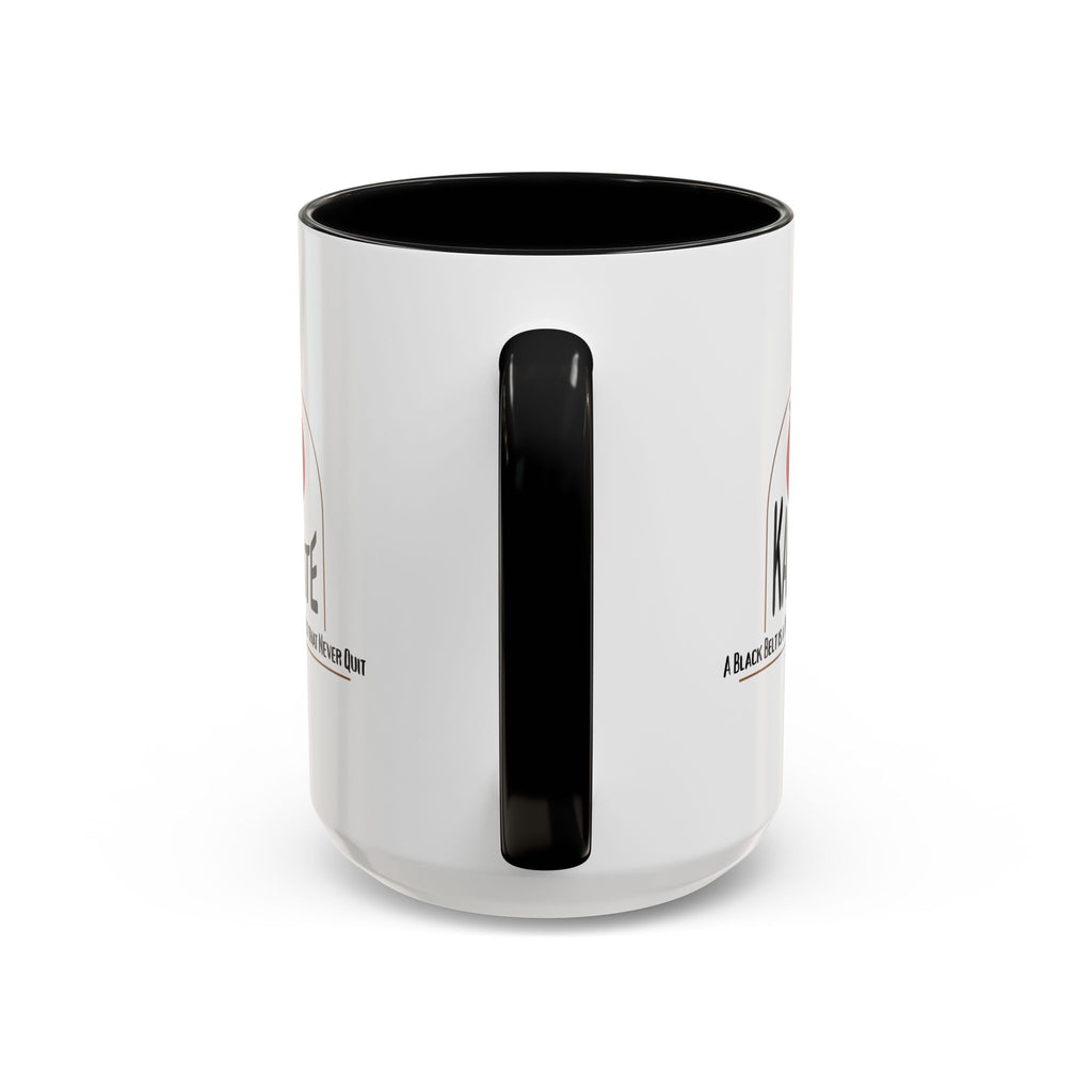15oz white ceramic Karate mug with black handle and interior Handle view