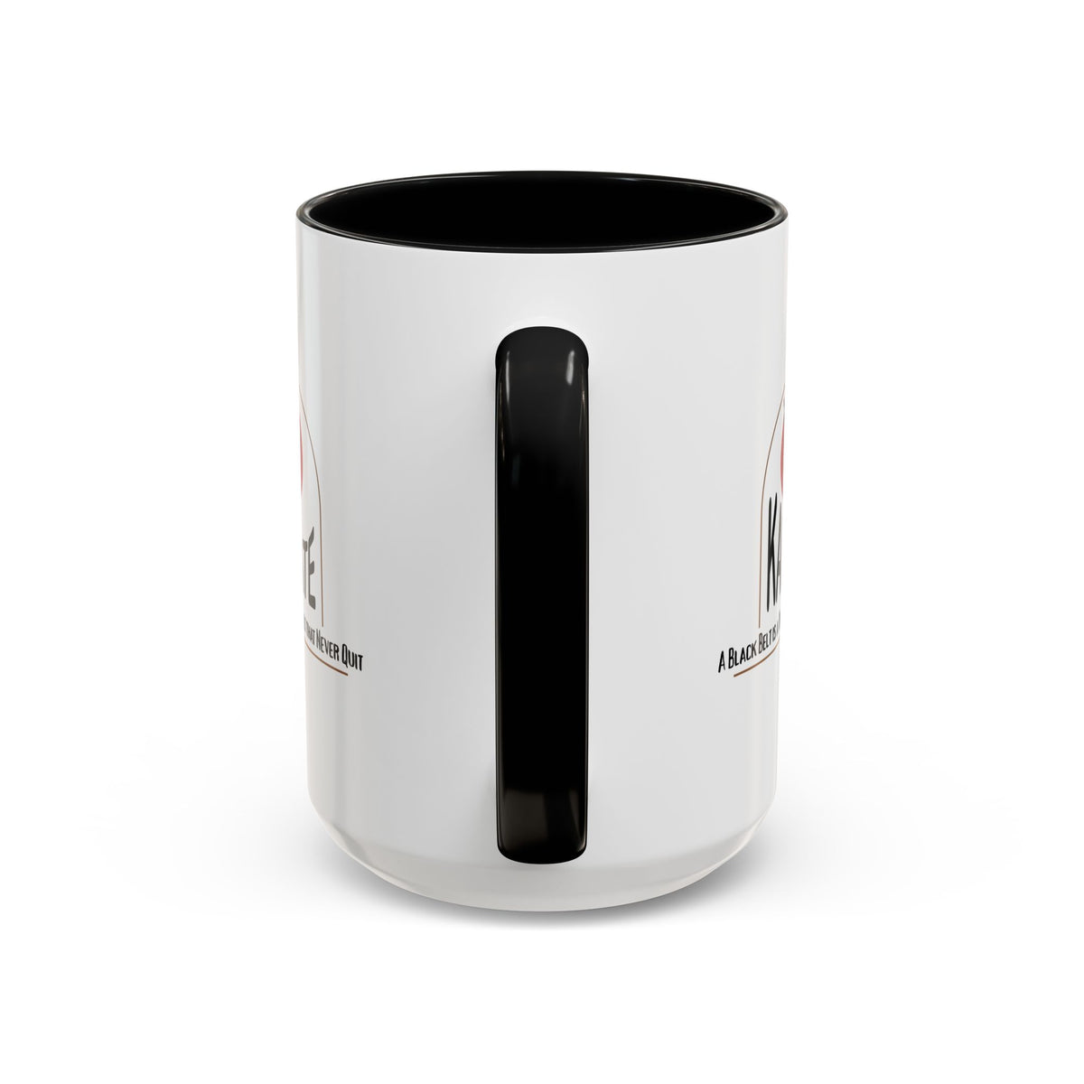 15oz white ceramic Karate mug with black handle and interior Handle view