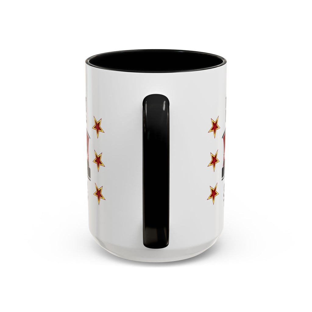 15oz white ceramic Theatre Showtime mug with black handle and interior Handle view