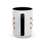 15oz white ceramic Theatre Showtime mug with black handle and interior Handle view