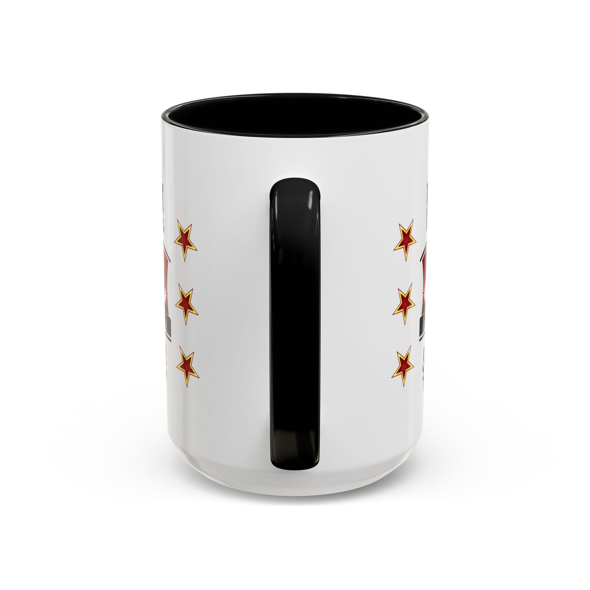 15oz white ceramic Theatre Showtime mug with black handle and interior Handle view