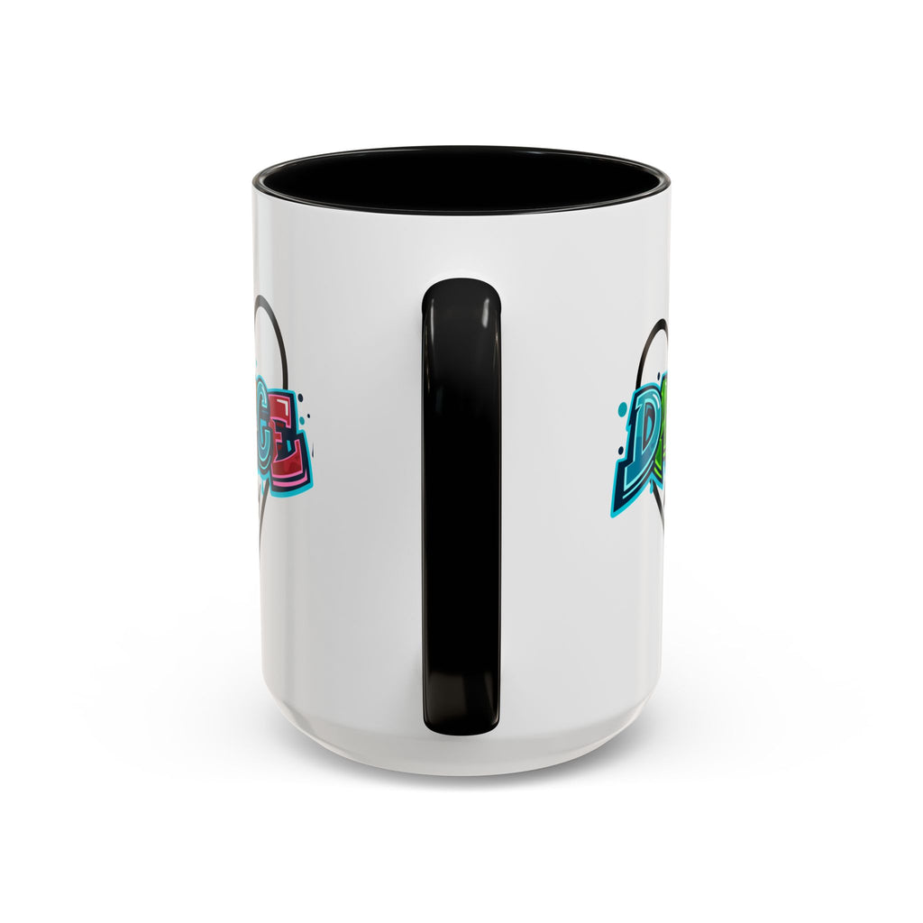 15oz white ceramic Dance All Day mug with black handle and interior Handle view