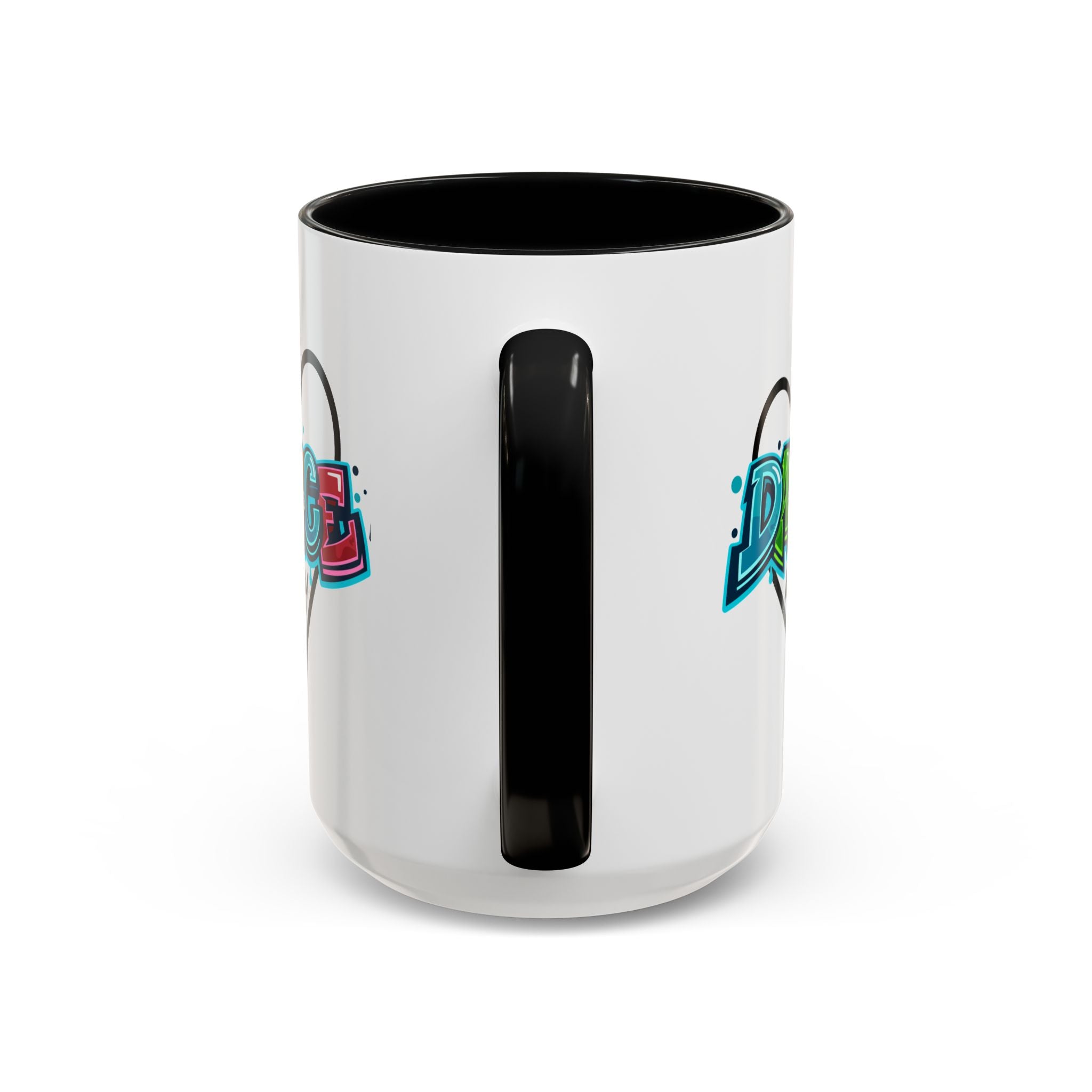 15oz white ceramic Dance All Day mug with black handle and interior Handle view