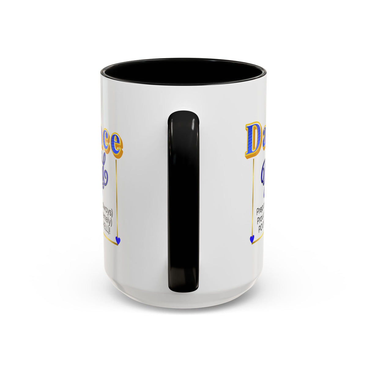 15oz white ceramic Dance Dad mug with black handle and interior Handle view