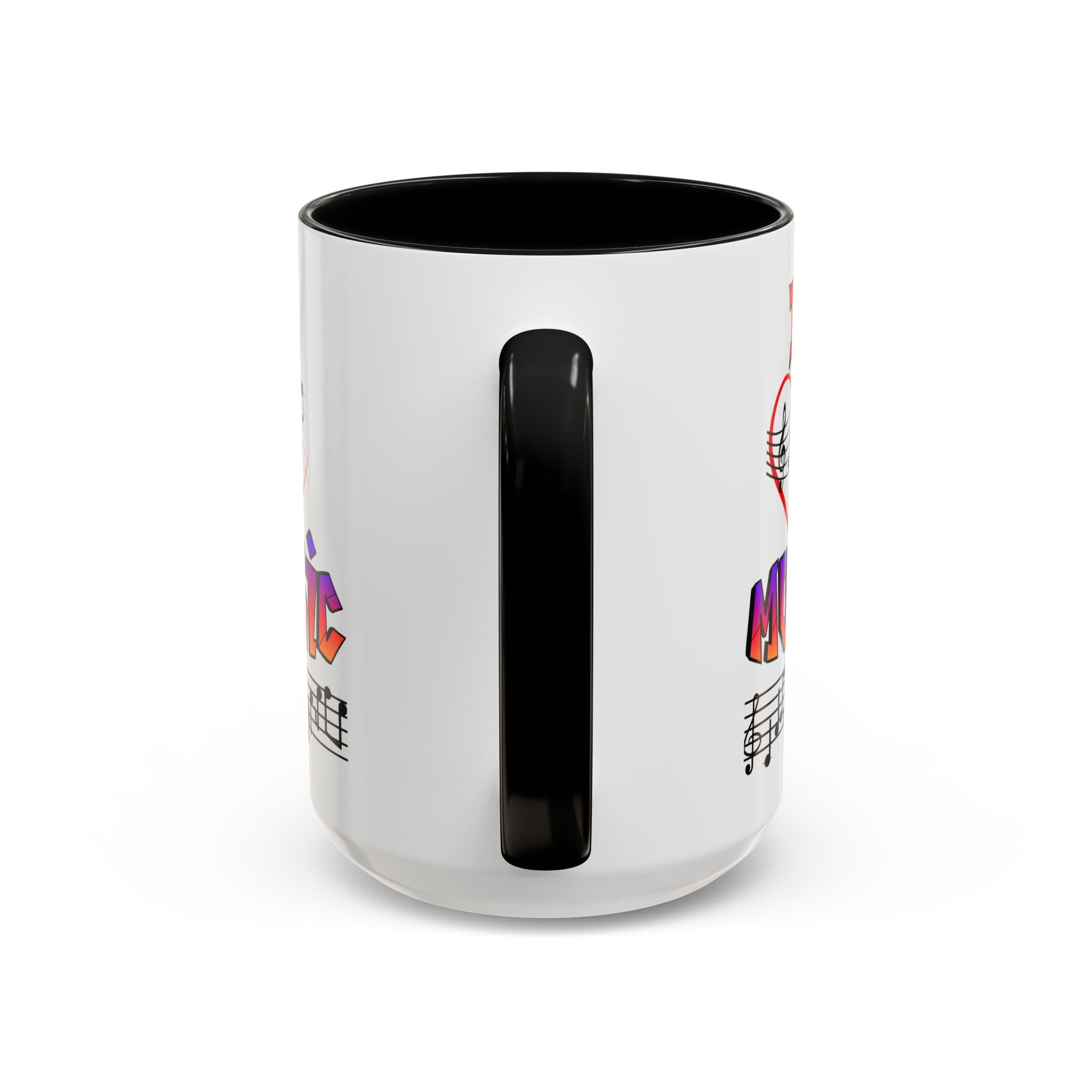 15oz white ceramic I Love Music mug with black handle and interior Handle view