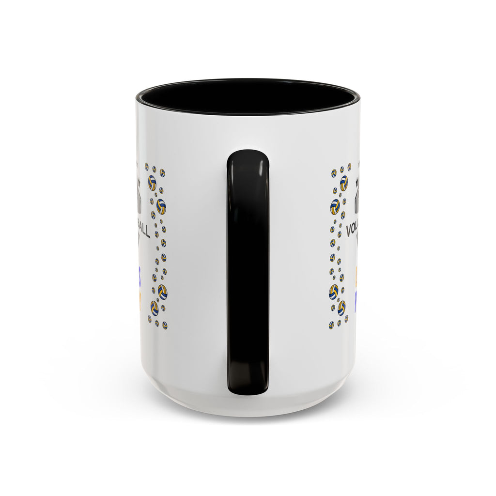 15oz white ceramic Volleyball mug with black handle and interior Handle view