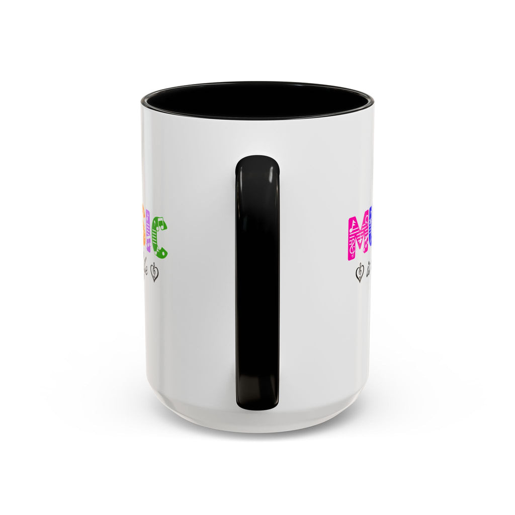 15oz white ceramic Rainbow Music is Life mug with black handle and interior Handle view
