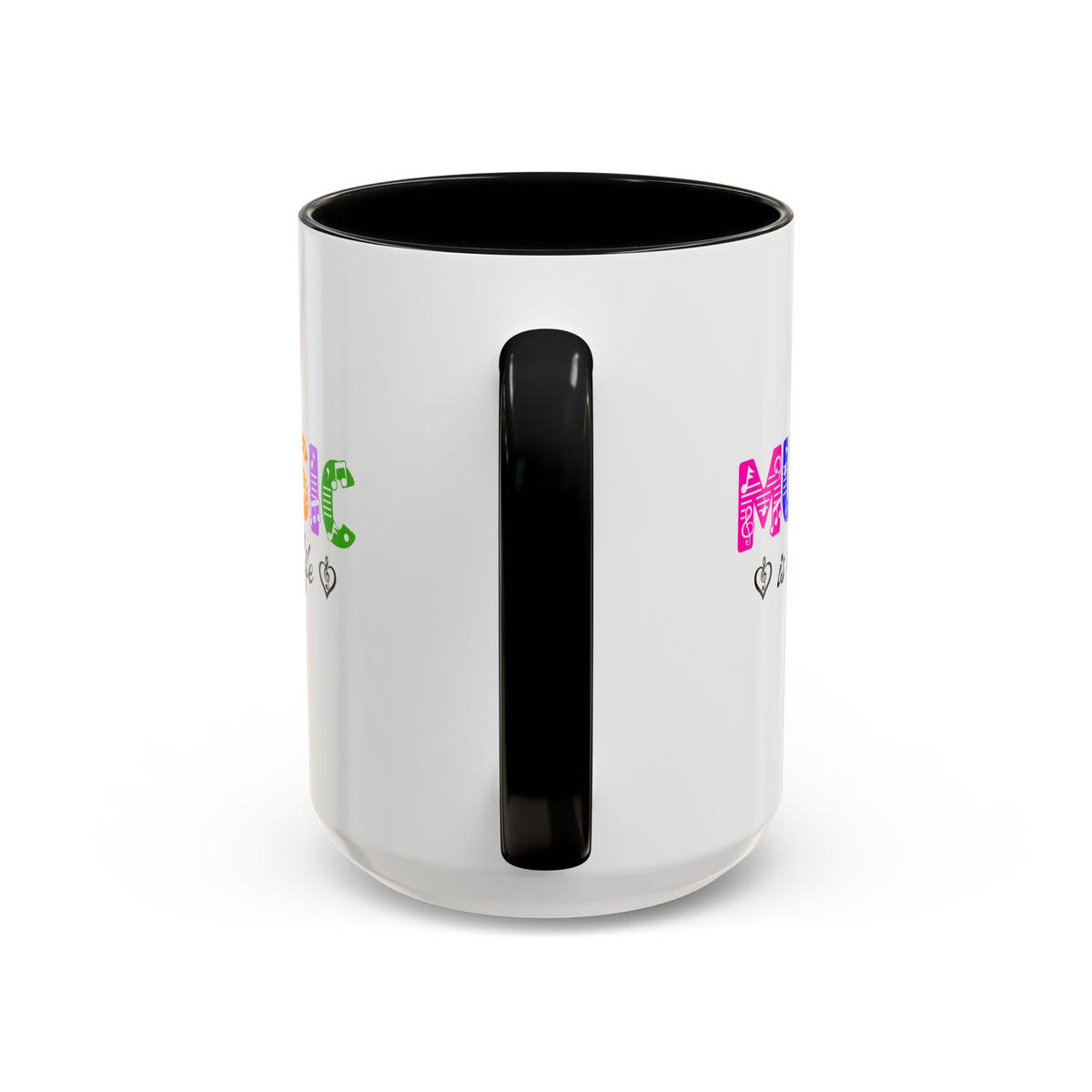 15oz white ceramic Rainbow Music is Life mug with black handle and interior Handle view