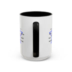 15oz white ceramic Let's Dance mug with black handle and interior Handle view