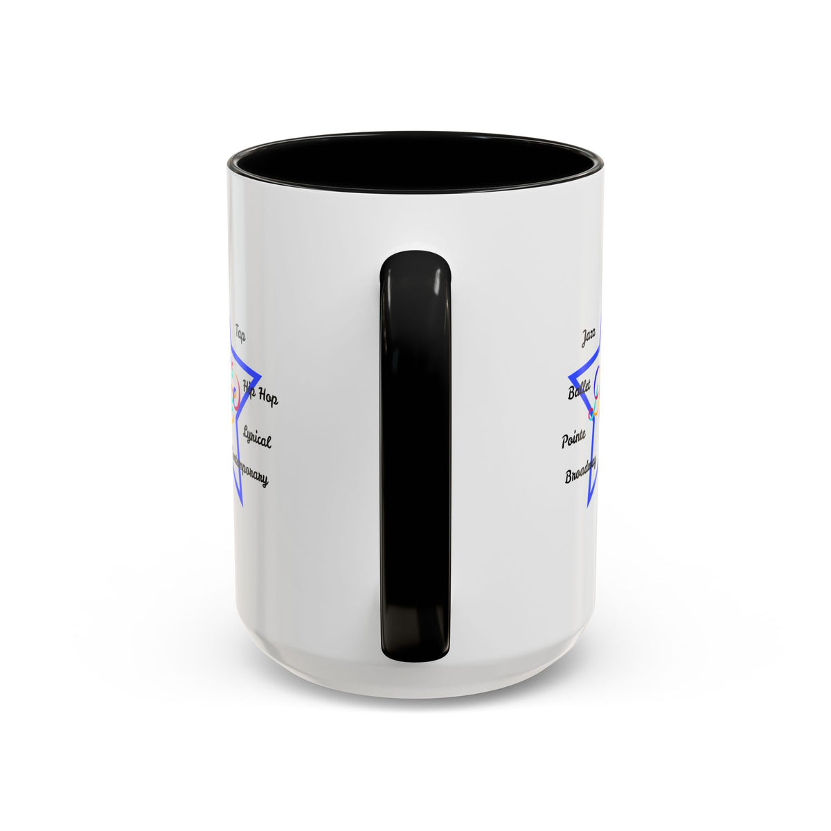 15oz white ceramic Let's Dance mug with black handle and interior Handle view
