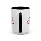 15oz white ceramic Bowling mug with black handle and interior Handle view