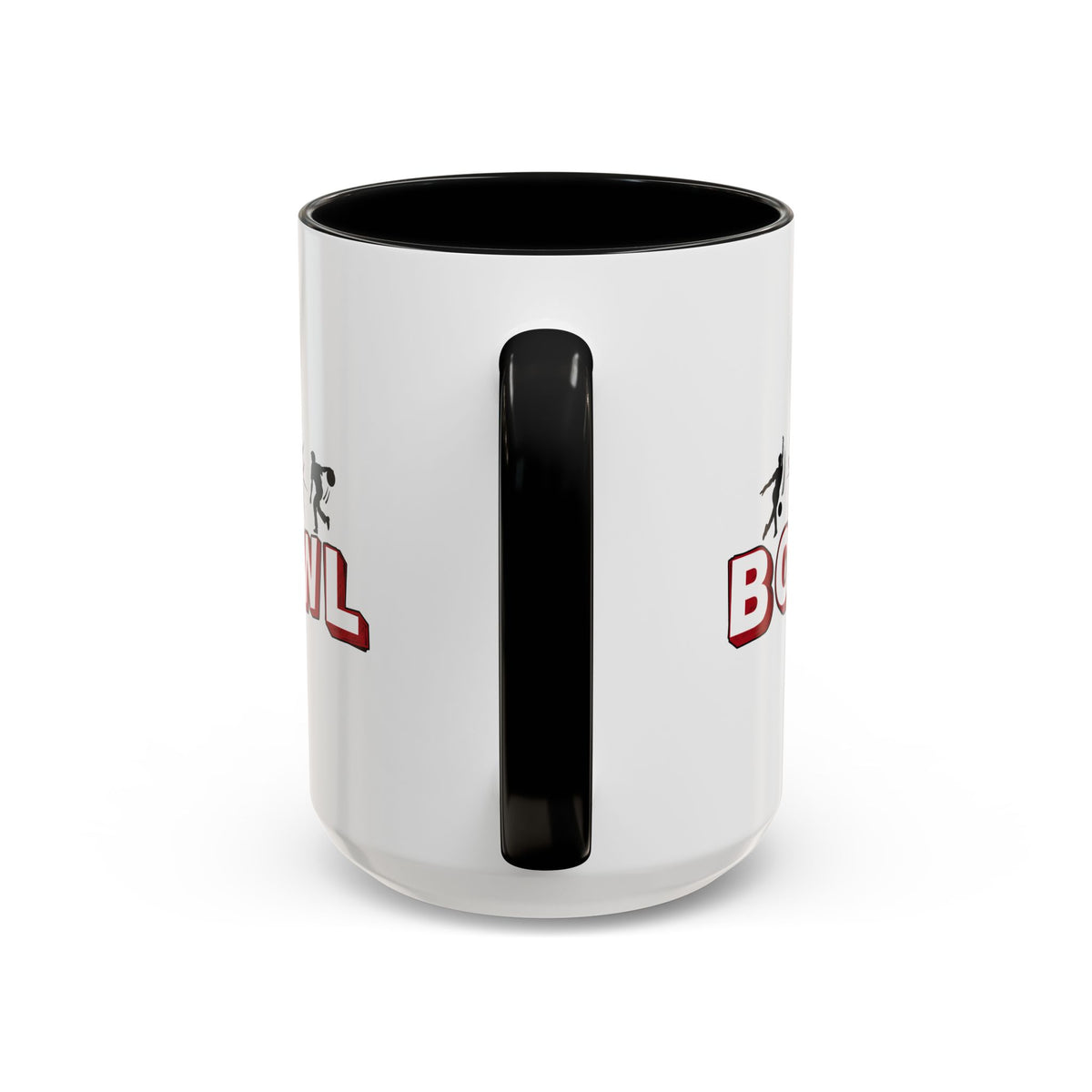 15oz white ceramic Bowling mug with black handle and interior Handle view