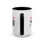 15oz white ceramic Lacrosse mug with black handle and interior Handle view