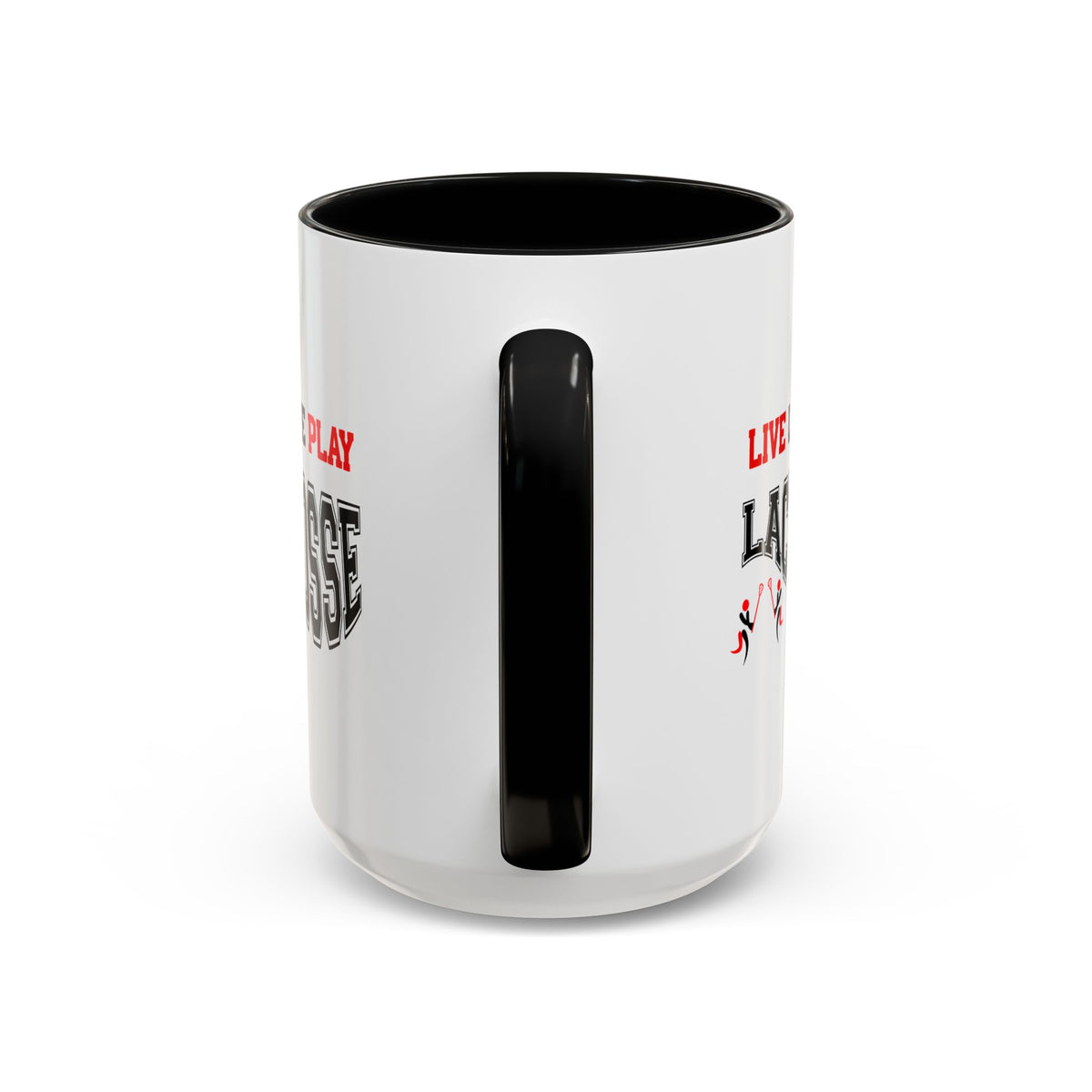 15oz white ceramic Lacrosse mug with black handle and interior Handle view