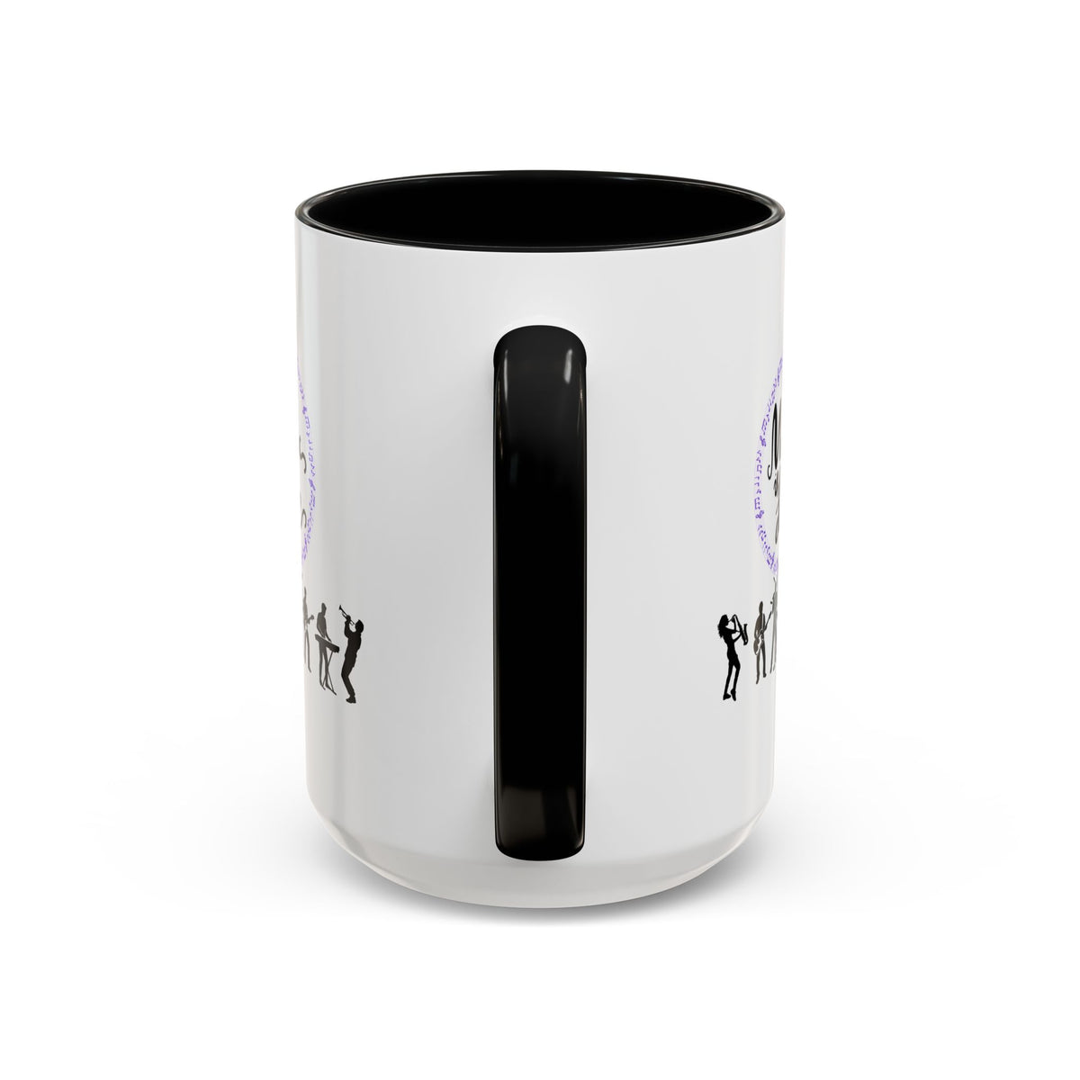 15oz white ceramic Music is Life mug with black handle and interior Handle view